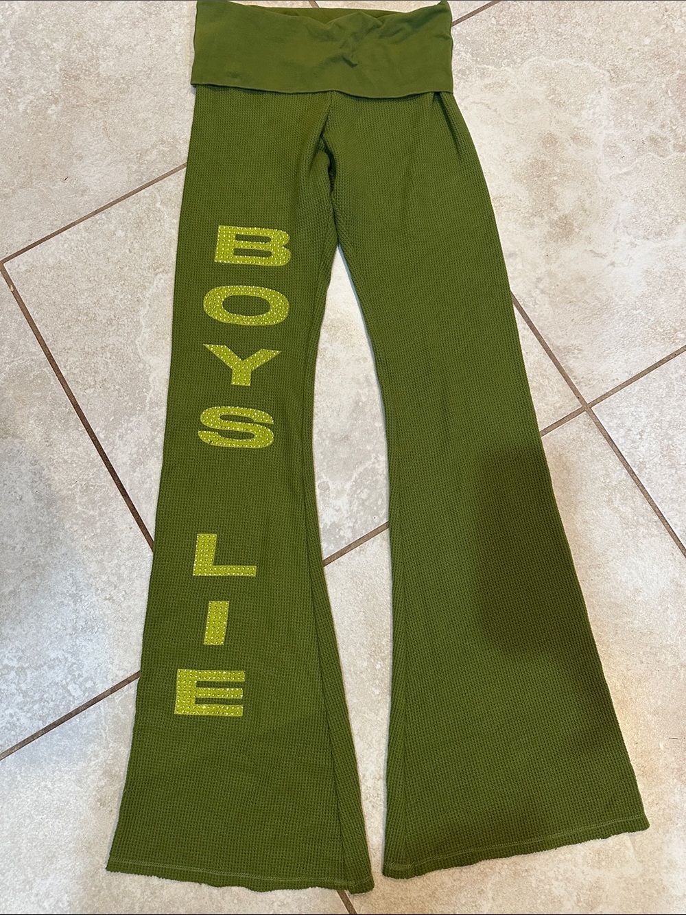 Boys Lie Olive Green Waffle Knit Foldover Flare Pants S Rhinestone Y2K